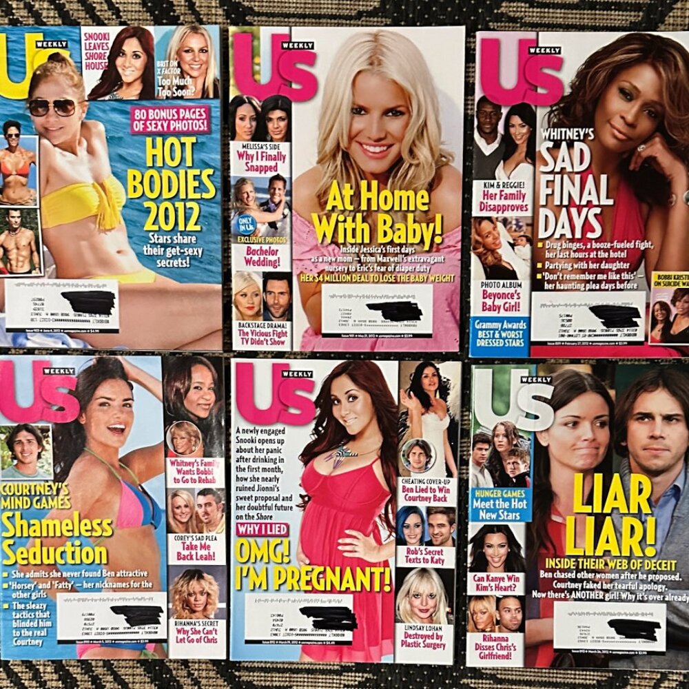 Lot of 6 US Weekly Magazines 2012 Celebrity JLo/Jessica/Whitney/The Bachelor